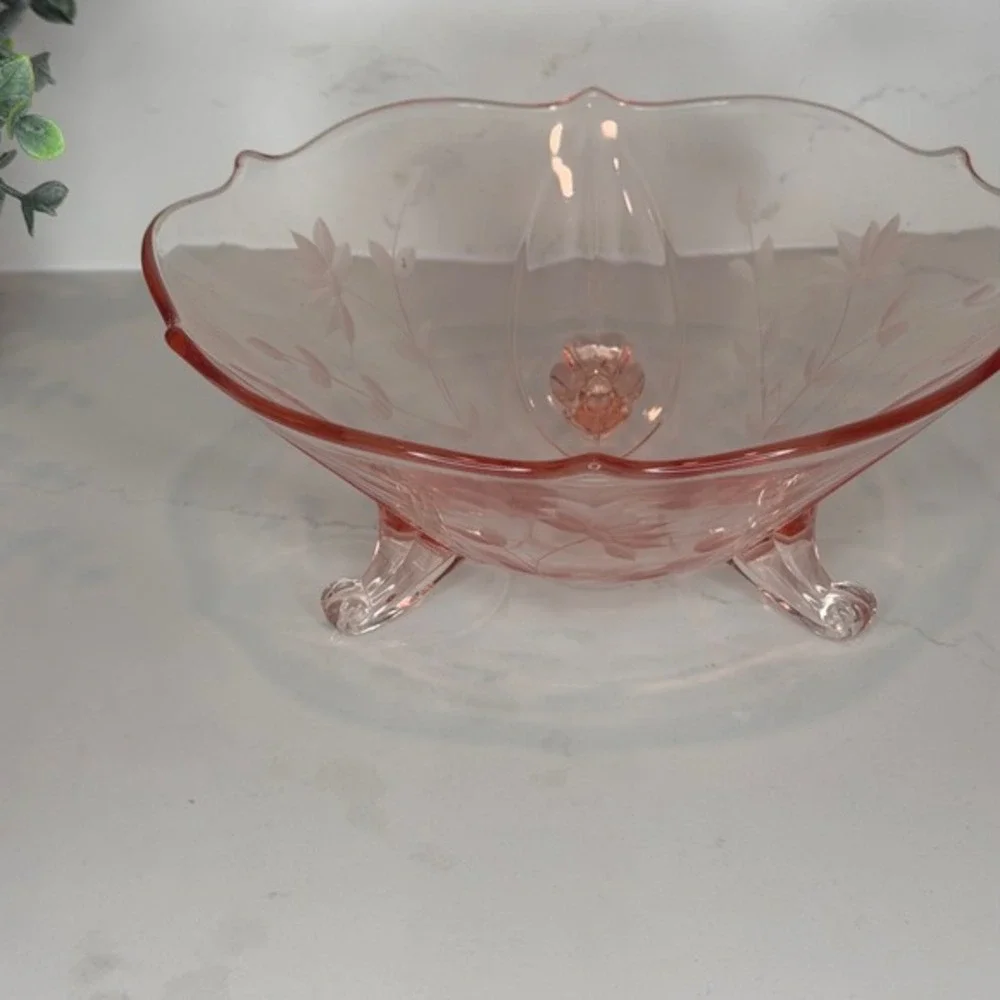 Lancaster Glass Jubilee‎ Pattern Three-Footed Bowl Etched Floral Design